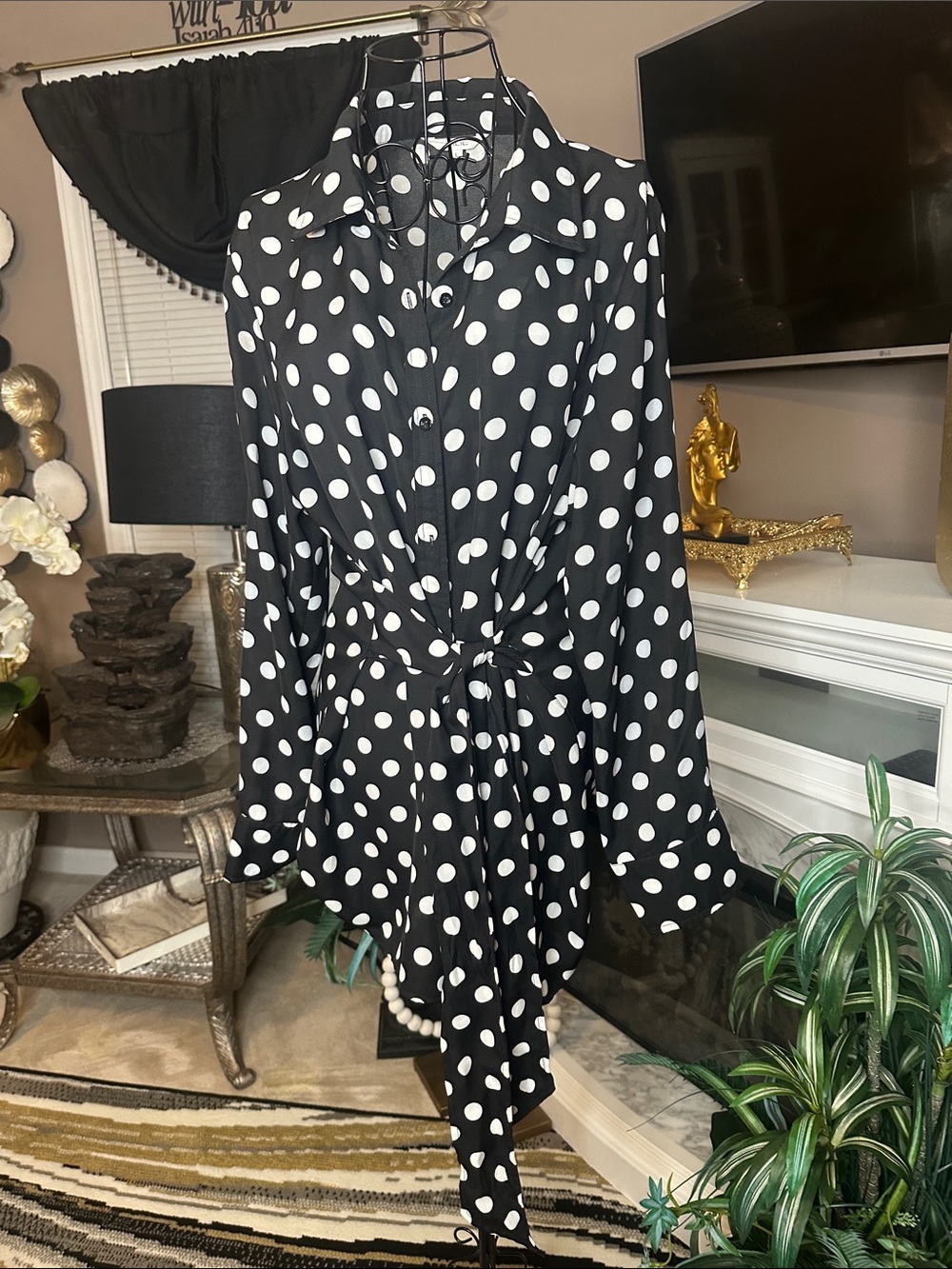 Polka Dot Tie-Front Mini Dress in Black and White